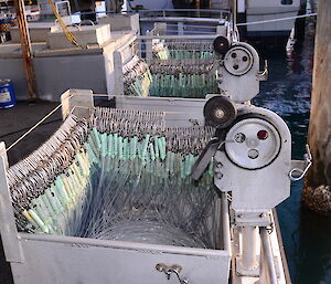 Bins of longlines using Lumo Leads on a fishing vessel in Queensland