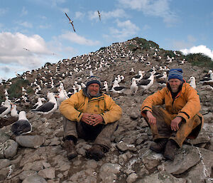 Dr Robertson (left) and Dr Roger Kirkwood on a rock stack called Ildefonso, south west of Cape Horn, at the end of a challenging field program working with black-browed albatrosses.