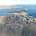 Aerial view of Davis station with dolerite dykes criss-crossing through the station and across the Vestfold Hills in the background