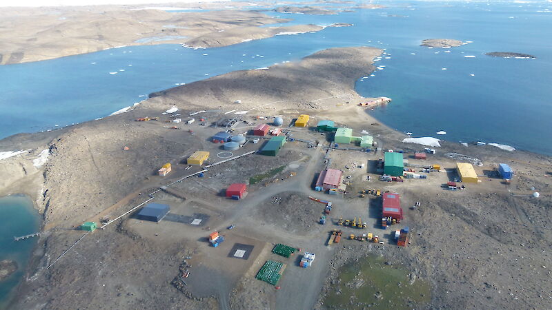 Aerial view of Davis station with dolerite dykes criss-crossing through the station and across the Vestfold Hills in the background