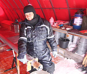 Dr Andrew Moy preparing the Danish designed and built Hans Tausen ice core drill during drilling in Greenland