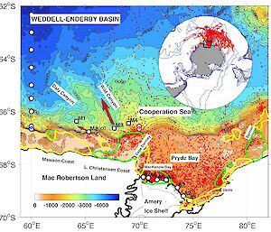 This map shows the location of the four Japanese oceanographic moorings and the position of oceanographic data collected by seals