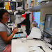 Krill researcher, Molly Jia, sitting at the microscope