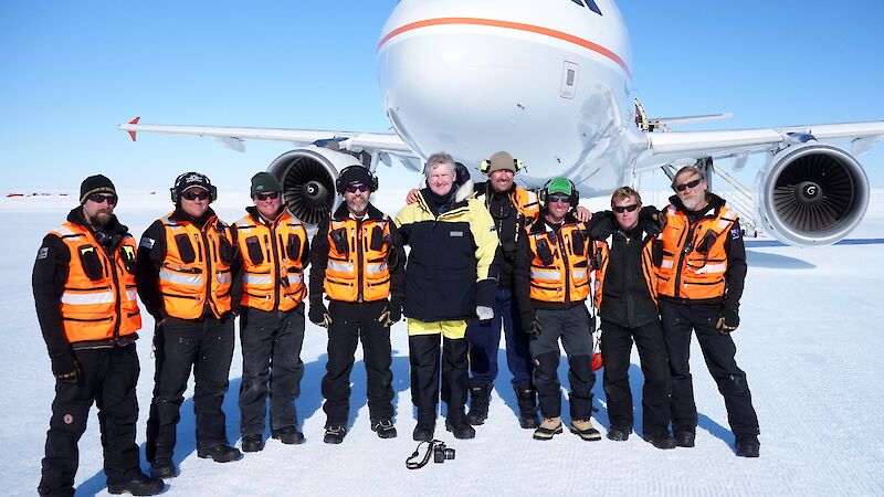 Federal Environment Minister the Hon. Tony Burke and the ground crew of Wilkins Runway in front of the A319 Airbus