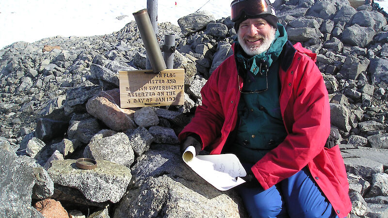 Don at the Proclamation flagpole at Mawson’s Huts Historic Site, Antarctica