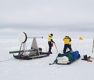 Scientists prepare to deploy an acoustic doppler current profiler to measure ocean currents beneath the ice and a GPS compass to assess sea ice drift.