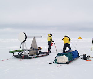 Scientists prepare to deploy an acoustic Doppler current profiler to measure ocean currents beneath the ice and a GPS compass to assess sea ice drift.