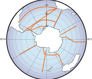 Graphic showing voyage transects for the CASO program, which provide a synoptic circumpolar snapshot of the physical environment of the Southern Ocean.