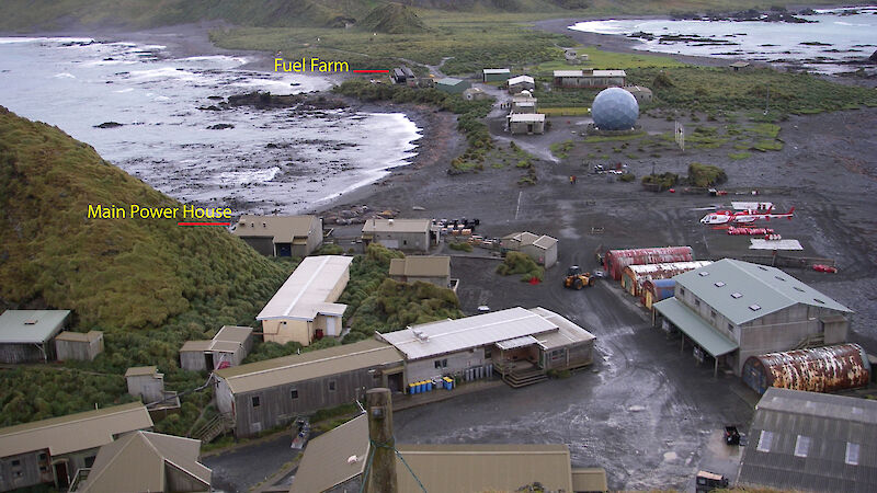 Aerial of the fuel farm and main power house on Macquarie Island