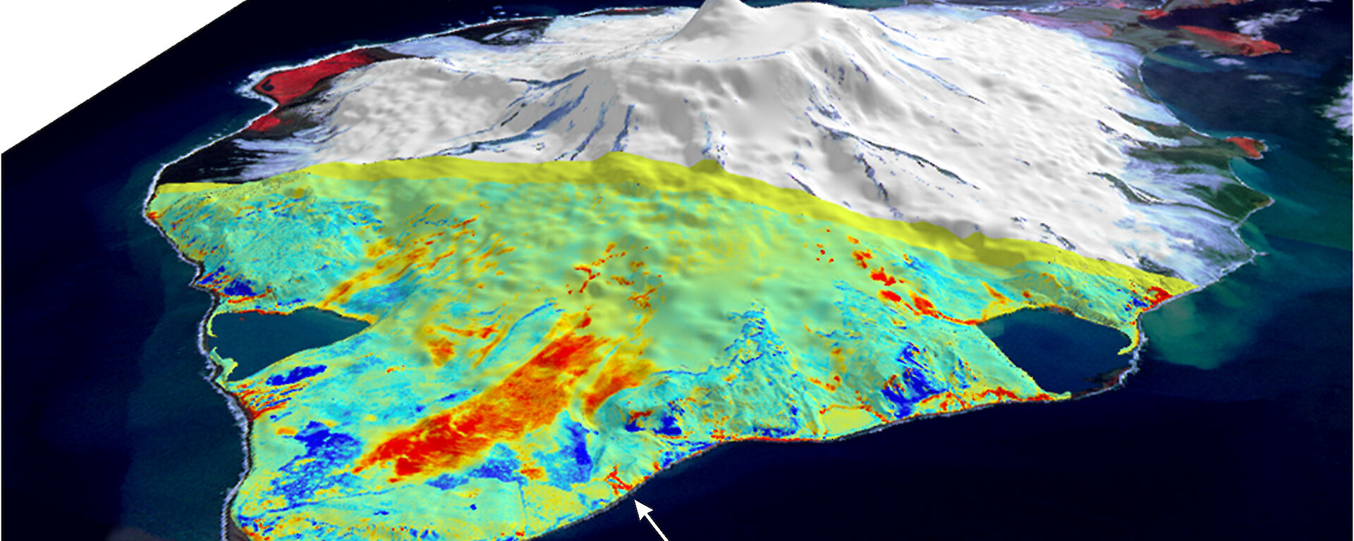 Change detection image of Heard Island overlaid on a digital elevation model.