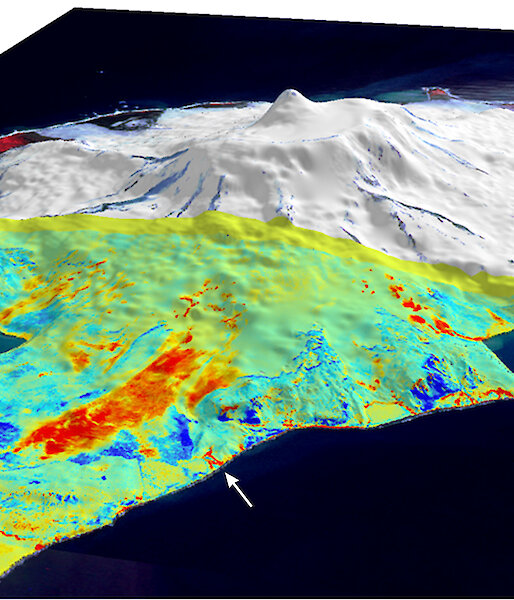 Change detection image of Heard Island overlaid on a digital elevation model.