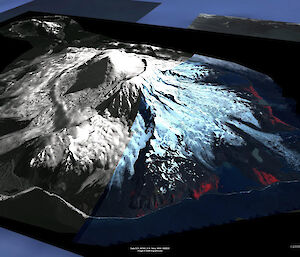 Figure 4: This 3D view of Heard Island in Google Earth is comprised of WorldView-1 satellite imagery, in black and white, and IKONOS imagery of the eastern part of the island.