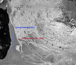 Satellite image showing disruption of the ice bridge that connects the Wilkins Ice Shelf to Charcot and Latady Islands
