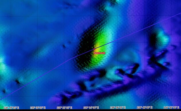 A brightly coloured map of the sea floor depicts the shape of an underwater mountain.