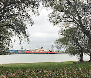 View of the Nuyina from a park across the Danube River.