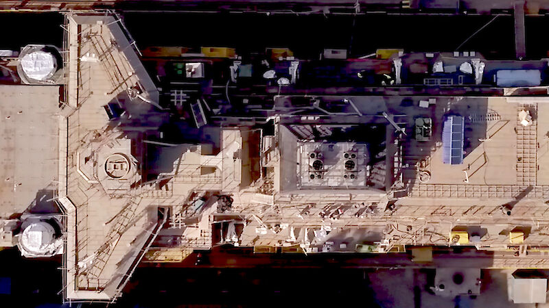 Aerial view of the Nuyina in the wet dock in April.