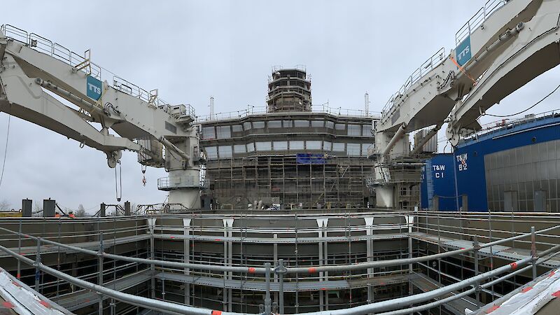 The Nuyina’s two 55 tonne cranes are in place and the bridge windows installed.