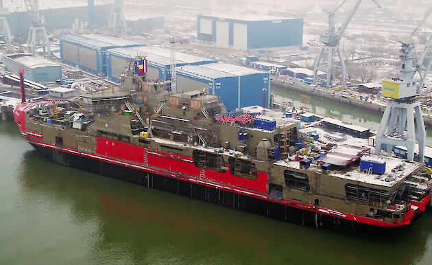 Aerial view of icebreaker Nuyina alongside a wharf in Romania.