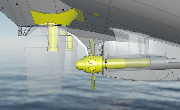 Graphical representations of the propellers, propeller hubs and the propeller shaft inside its sterntube.