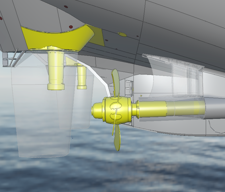 Graphical representations of the propellers, propeller hubs and the propeller shaft inside its sterntube.