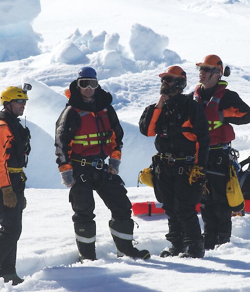 Rescue team preparing landing spot on the ice for the helicopter