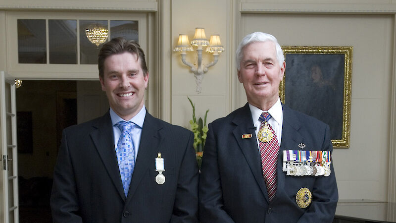 Medal recipient and Governor General Michael Jeffreys smile at the camera