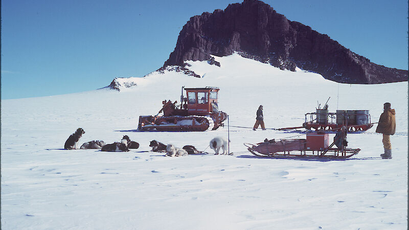 Rest dog sledge team with parked tractor behind on the ice next to bold mountain on bright clear day