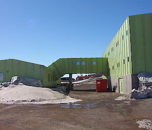 Davis living quarters are bright green with tunnels connecting buildings