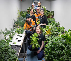 Group of expeditioners in the hydroponics shed with produce