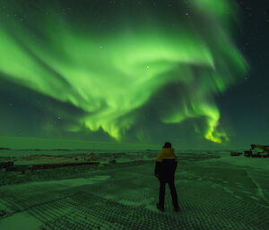 A photograph taken at night with a long exposure. The sky is lit up with waves of green light.