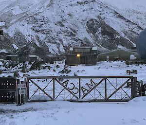 Macquarie Island station covered in snow