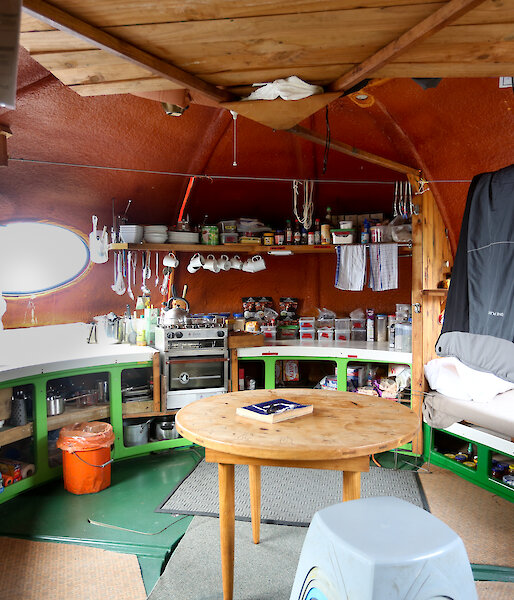 Inside a small field hut