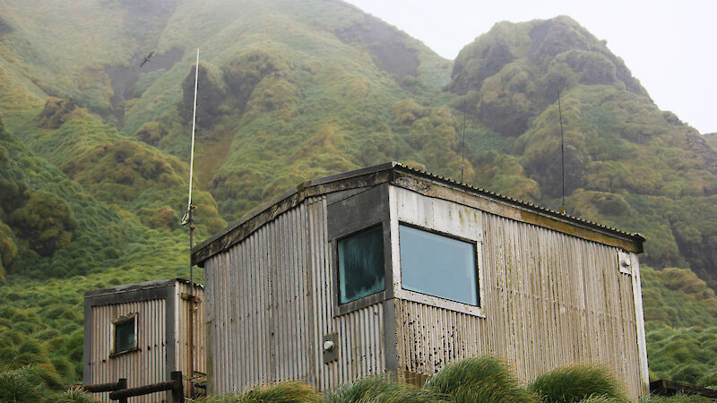 Looking up to box like field hut and verdant slope of escarpment rising behind