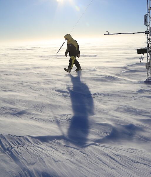 The automatic weather station in drifting snow on the plateau