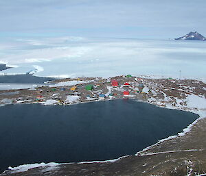 Aerial photo of Mawson station at end of Horseshoe Harbour