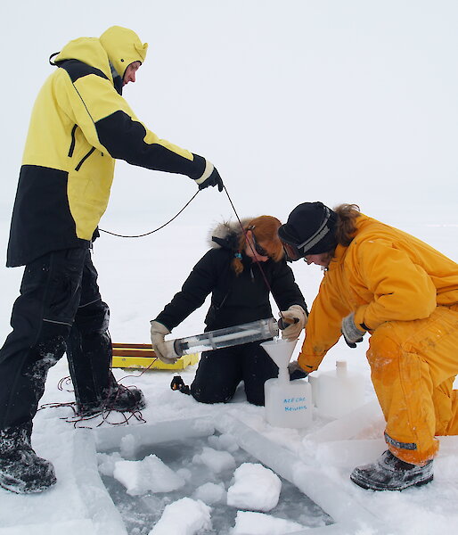Scientists collecting water samples from under the sea ice.
