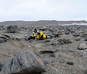 Two scientists surrounded by rocky landscape