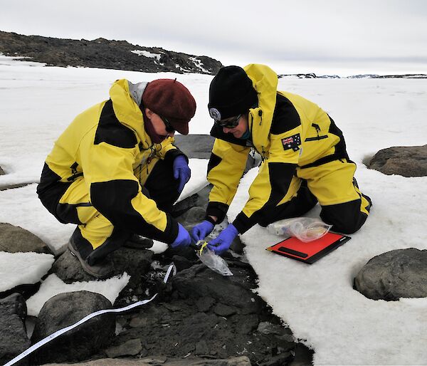 Dr Kathryn Brown (left) and Dr Catherine King collect soil samples amongst ice and rocks in Antarctica.