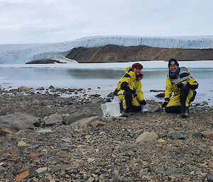 Dr Kathryn Brown (left) and Dr Catherine King collecting samples on a rocky shore in Antarctica with a glacier behind.