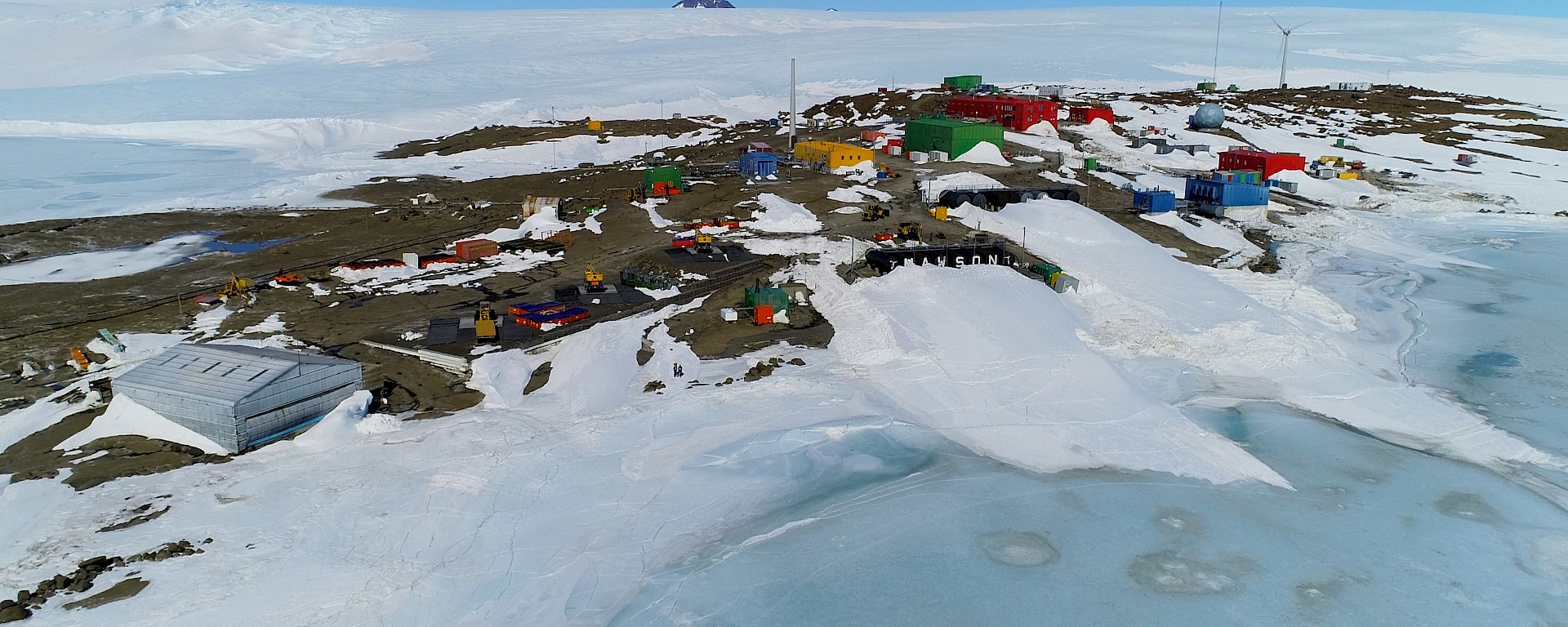 aerial view of Mawson station in snow