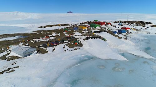 aerial view of Mawson station in snow