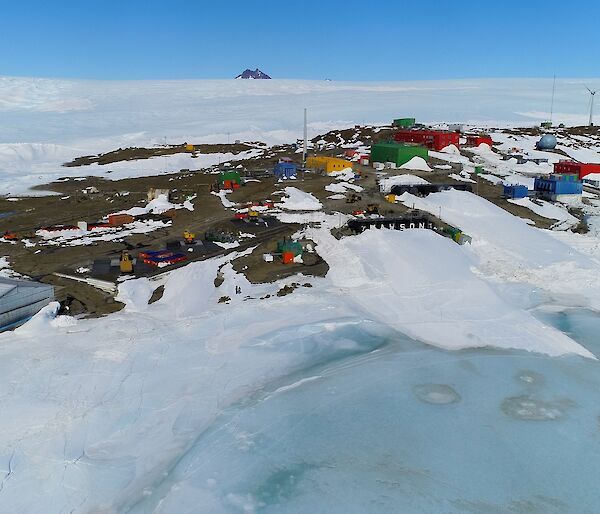 aerial view of Mawson station in snow
