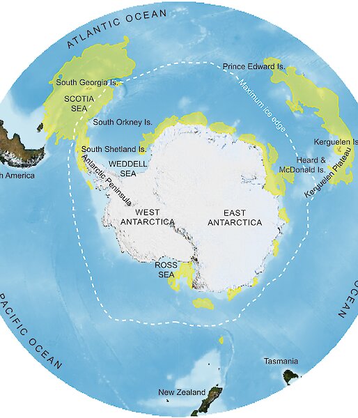 Map of Antarctica showing the location of ecologically important areas.