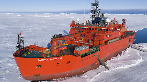 Aerial view of the Aurora Australis icebreaker