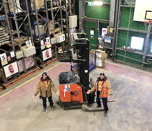 Two men standing next to a forklift in a warehouse