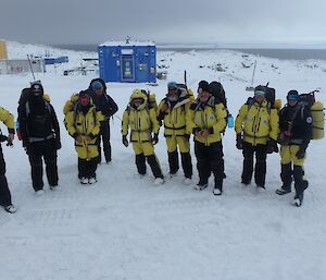 Group of expeditioners in cold weather gear on the ice