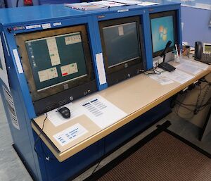 A desk with three monitors
