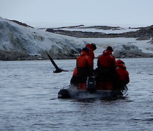 A boat full of eager expeditioners on the water in Newcomb Bay