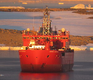 The Aurora Australis in Newcomb Bay during resupply at Casey