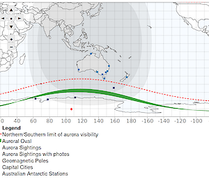 Map showing the limits of aurora visibility